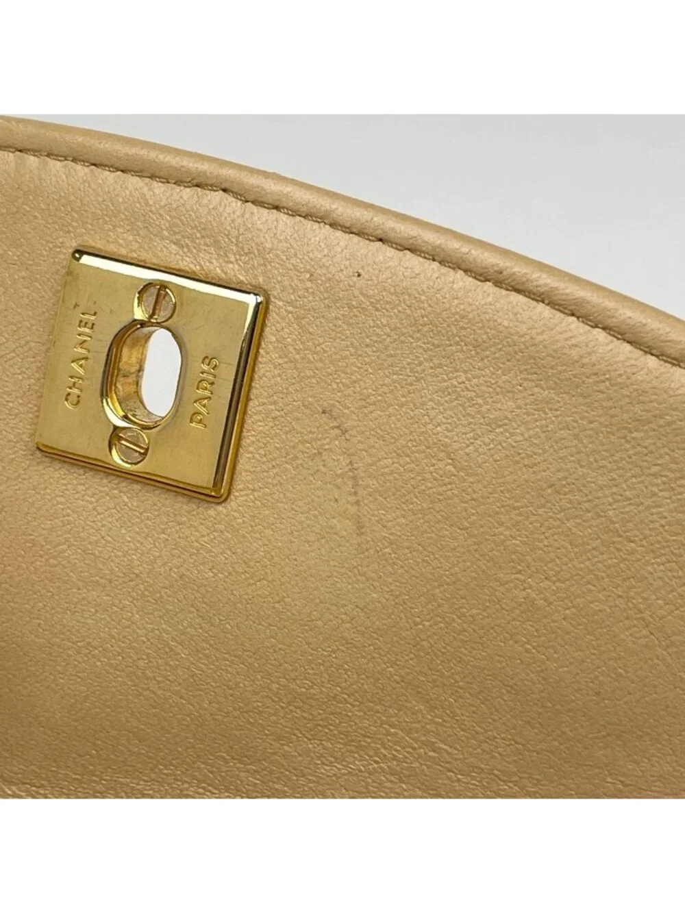Chanel CC Logo Chain Shoulder Bag Quilted Leather Beige